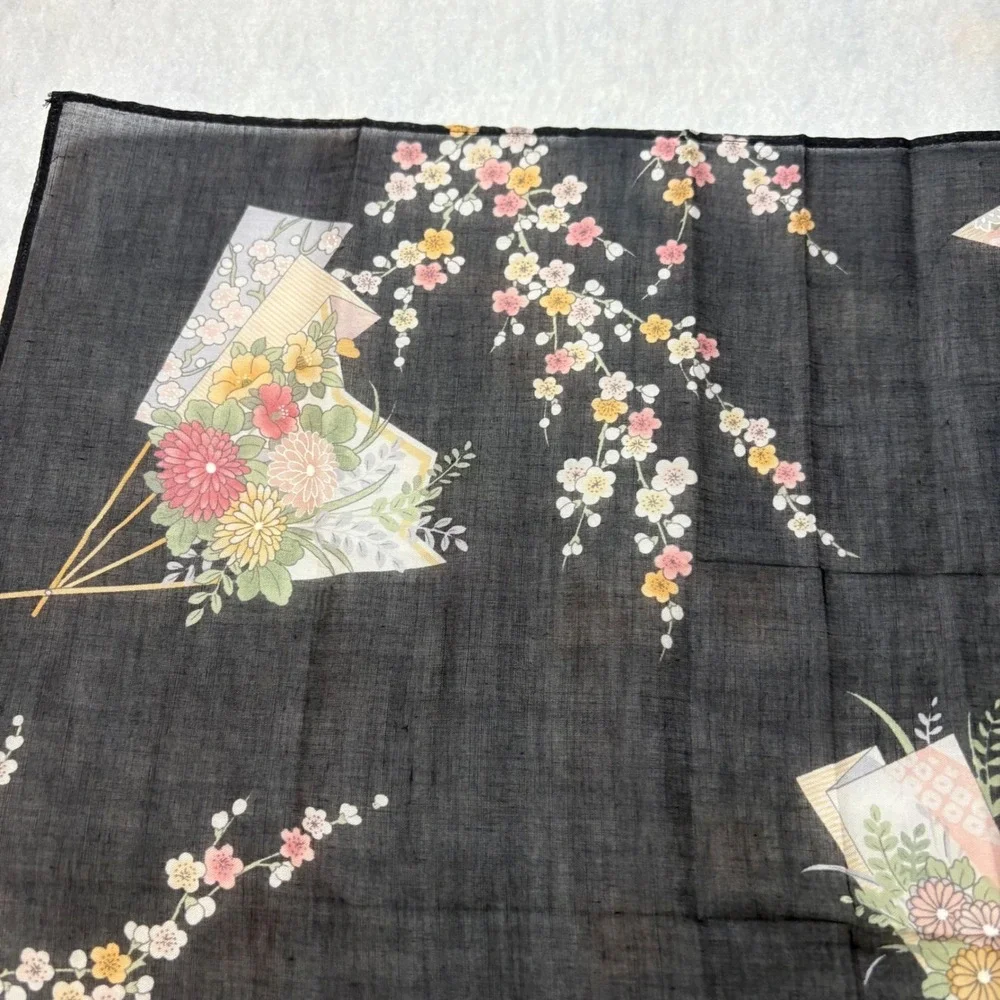 Vtg Scarf Handkerchief Floral Fan Cotton Black 16.5